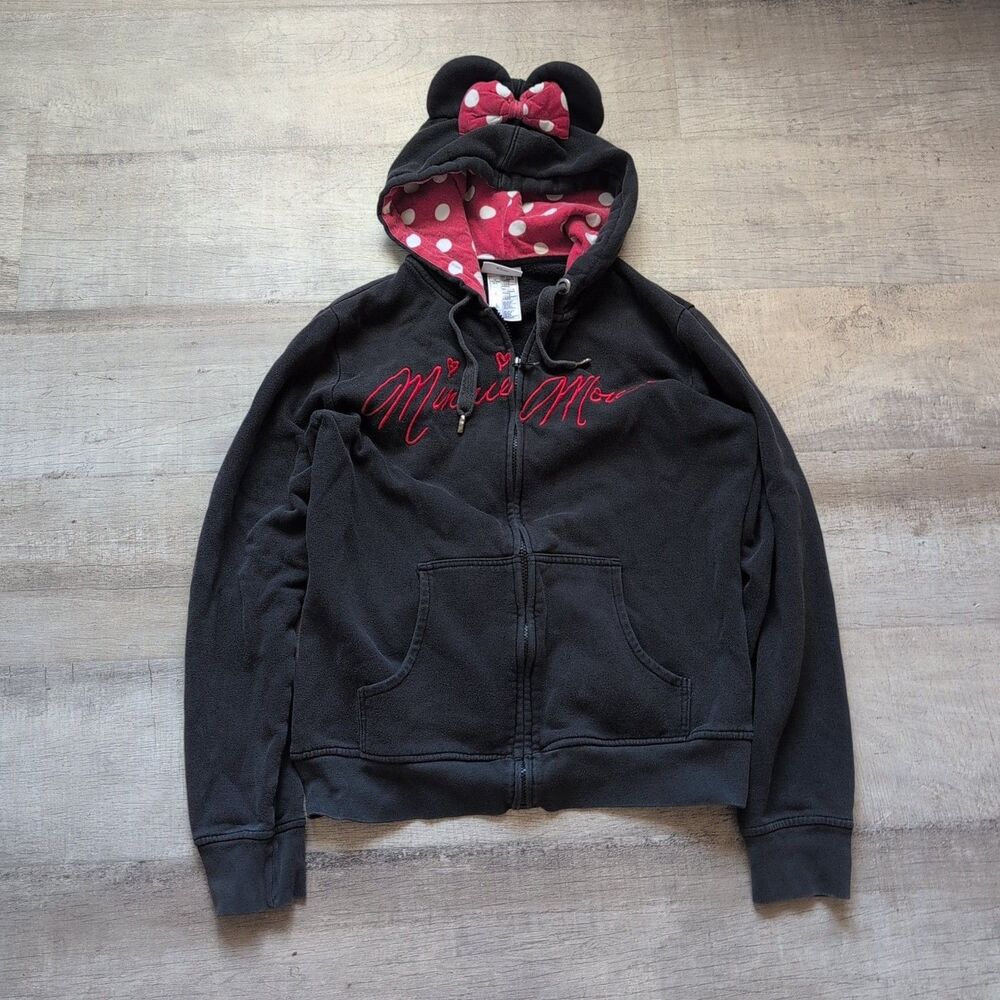 Disney Parks Minnie Mouse Zip Up Jacket Hoodie Ears Bow XL Y2K Vtg Authentic